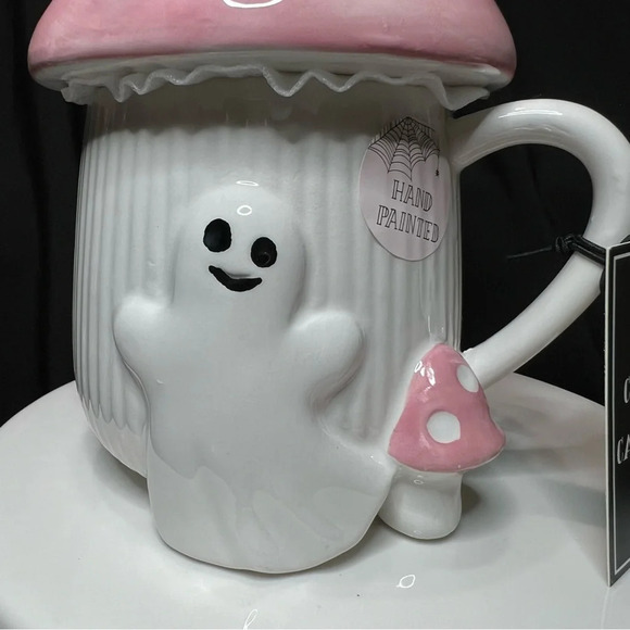 Cobwebs & Cauldrons Halloween Pink Polka Dot Mushroom Ghost Home Coffee Mug - Picture 6 of 12